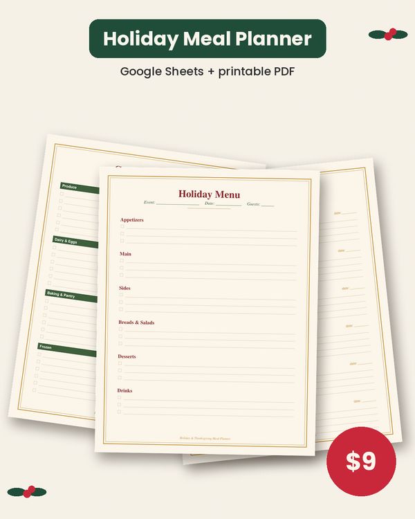 Printed pages of the Holiday and Thanksgiving Meal Planner laid out on a table: menu, grocery list and cooking timeline